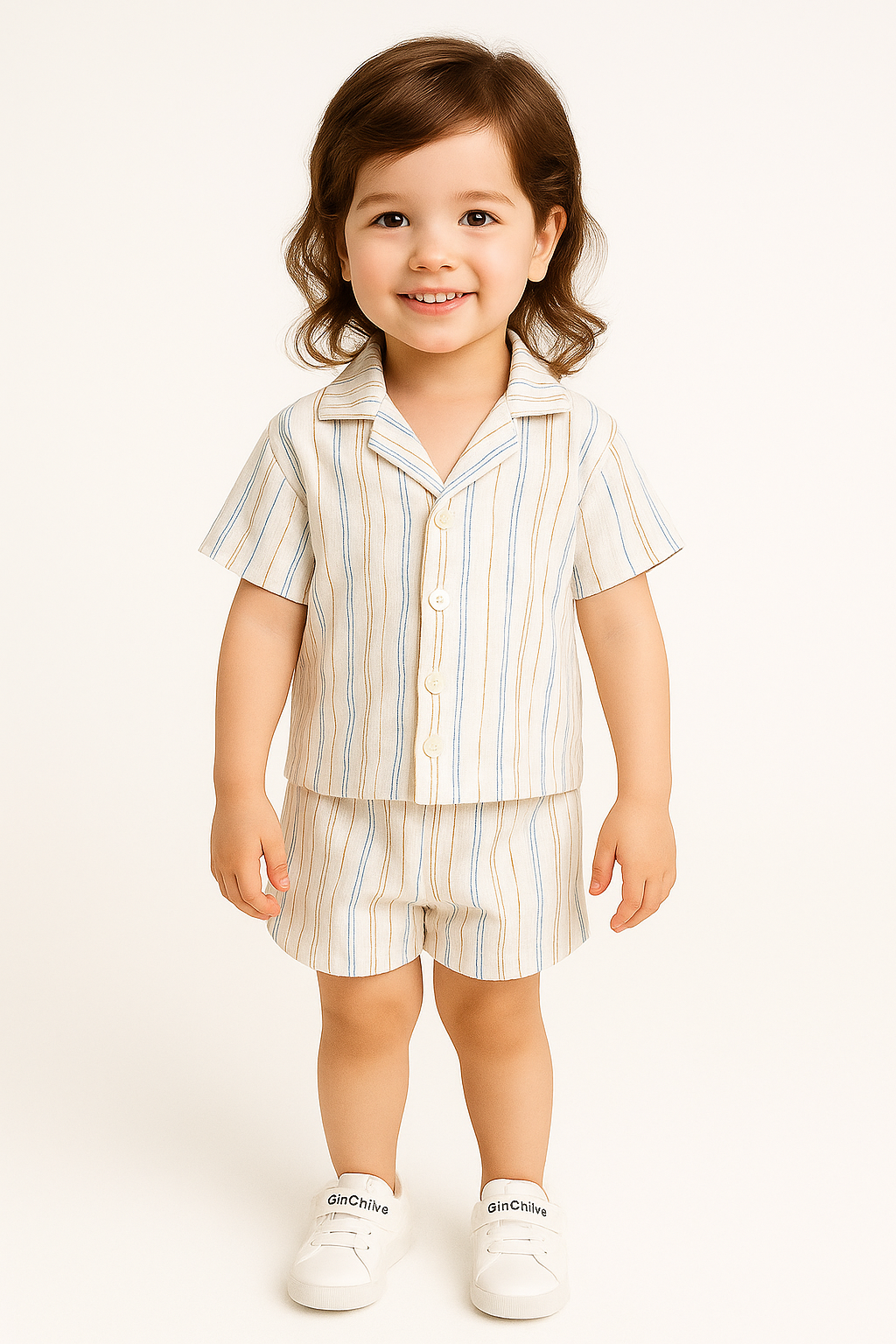 Formal Unisex White multi line Short Set .