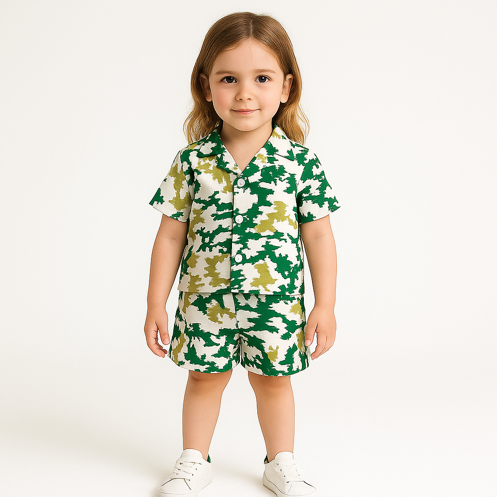 Beautiful Green-Yellow Printed Unisex Top & Bottom Set .