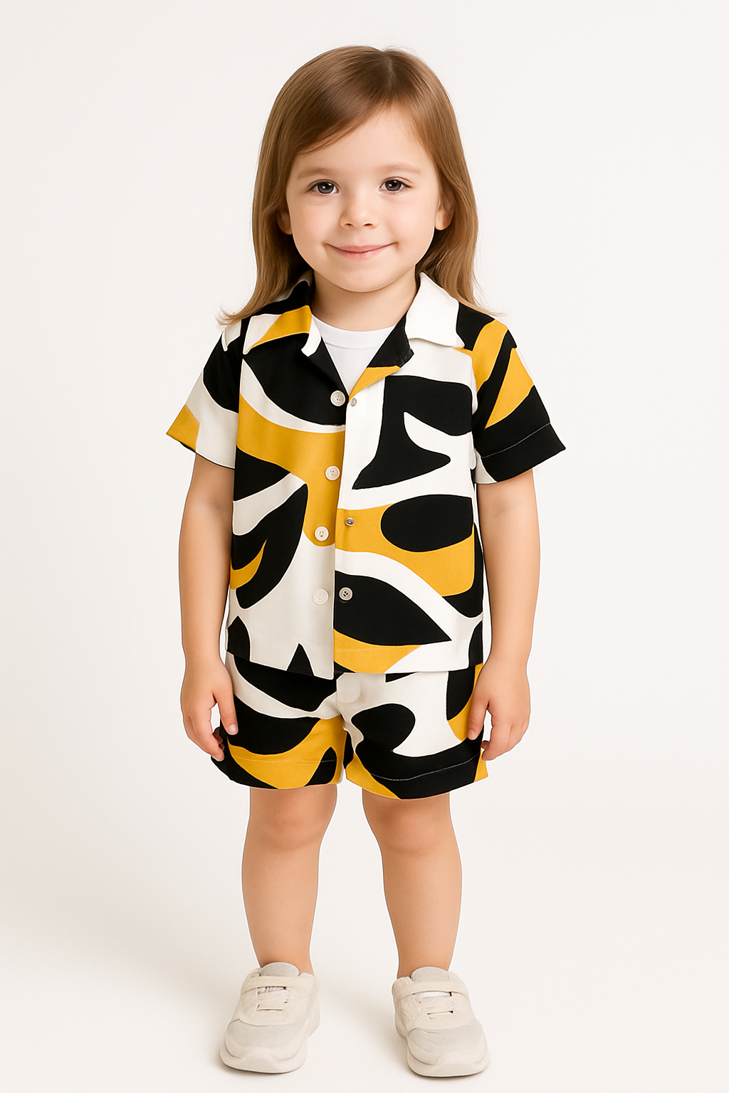 Stylish Orange-Black Graphical Unisex Short Set .